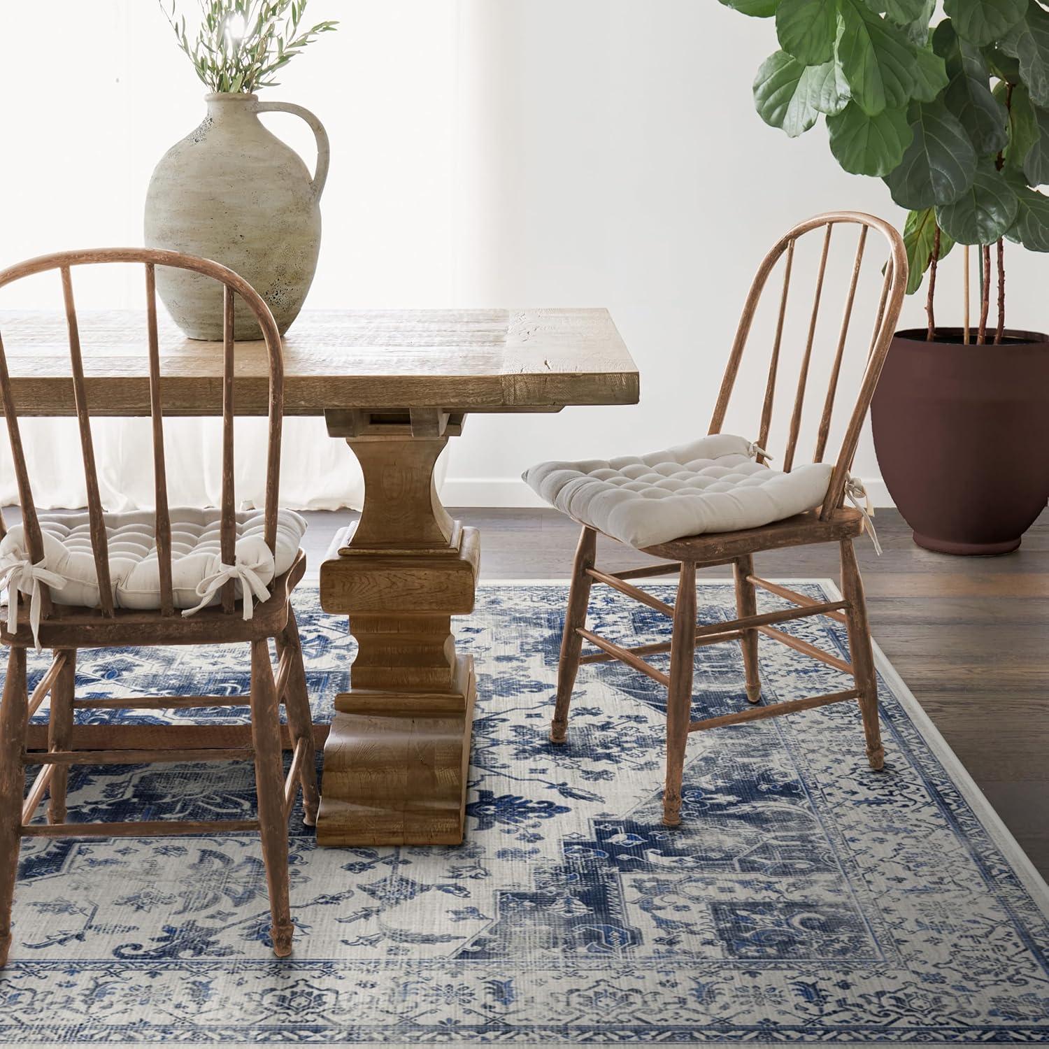 imageRUGGABLE Washable Vintage Area Rug Kira Stone Blue 8 ft Round StainResistant NonSlip Large Machine Washable Rugs for Living Room Bedroom Hallway Entryway ampamp Officewith Standard PadDelft Blue Cushioned Pad