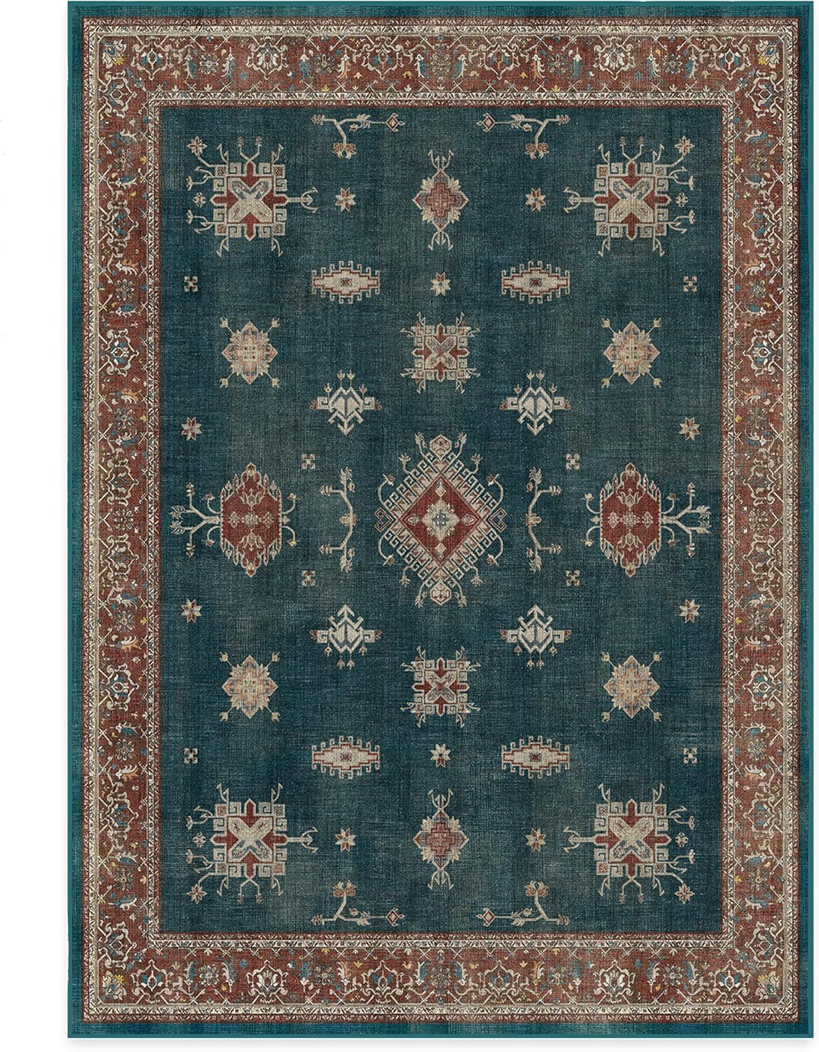 imageRUGGABLE Washable Vintage Area Rug Verena Sapphire 3x5 StainResistant NonSlip Small Machine Washable Rugs for Living Room Bedroom Hallway Entryway ampamp Officewith Standard PadTeal Blue Standard Pad