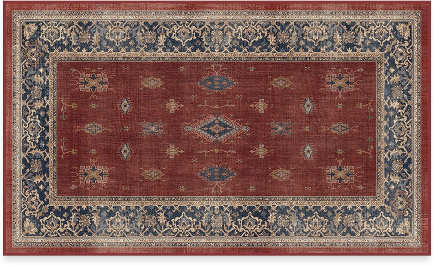 imageRUGGABLE Washable Vintage Area Rug Verena Sapphire 3x5 StainResistant NonSlip Small Machine Washable Rugs for Living Room Bedroom Hallway Entryway ampamp Officewith Standard PadAmber Red Cushioned Pad