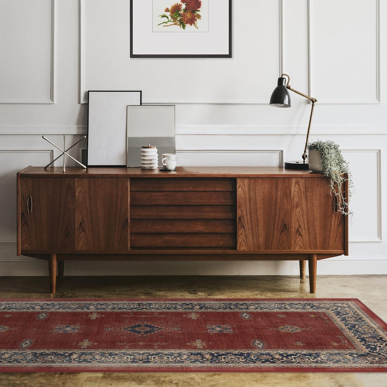 imageRUGGABLE Washable Vintage Area Rug Verena Sapphire 3x5 StainResistant NonSlip Small Machine Washable Rugs for Living Room Bedroom Hallway Entryway ampamp Officewith Standard PadAmber Red Cushioned Pad