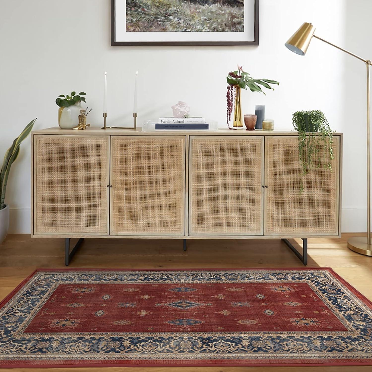 imageRUGGABLE Washable Vintage Area Rug Verena Sapphire 3x5 StainResistant NonSlip Small Machine Washable Rugs for Living Room Bedroom Hallway Entryway ampamp Officewith Standard PadAmber Red Cushioned Pad