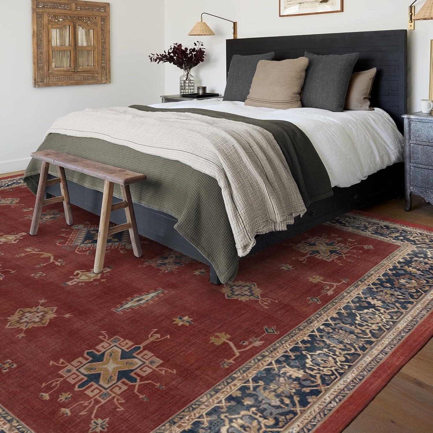 imageRUGGABLE Washable Vintage Area Rug Verena Sapphire 3x5 StainResistant NonSlip Small Machine Washable Rugs for Living Room Bedroom Hallway Entryway ampamp Officewith Standard PadAmber Red Cushioned Pad