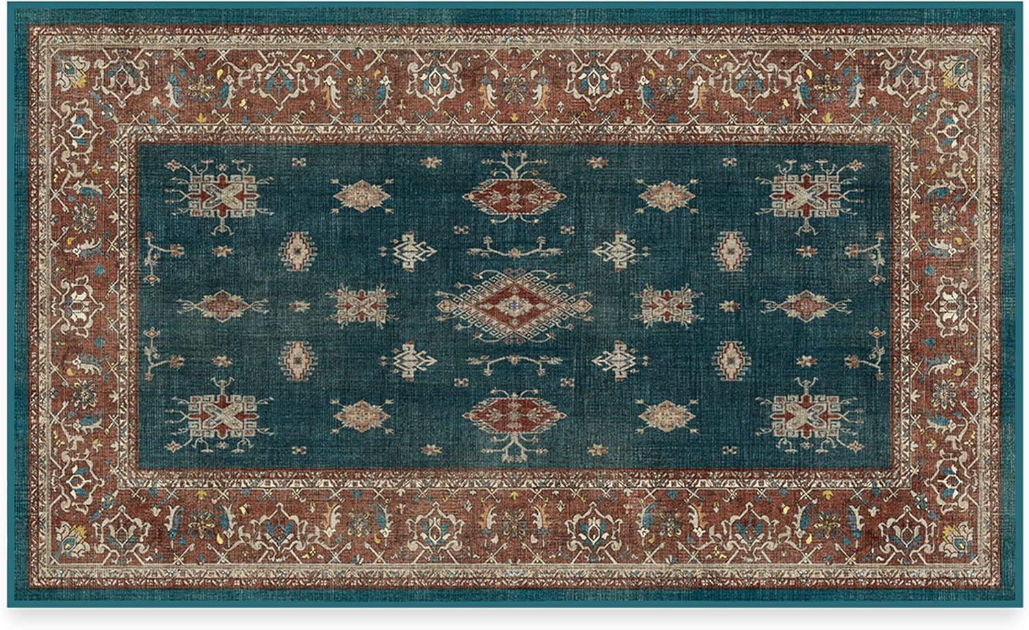 imageRUGGABLE Washable Vintage Area Rug Verena Sapphire 3x5 StainResistant NonSlip Small Machine Washable Rugs for Living Room Bedroom Hallway Entryway ampamp Officewith Standard PadTeal Blue Cushioned Pad