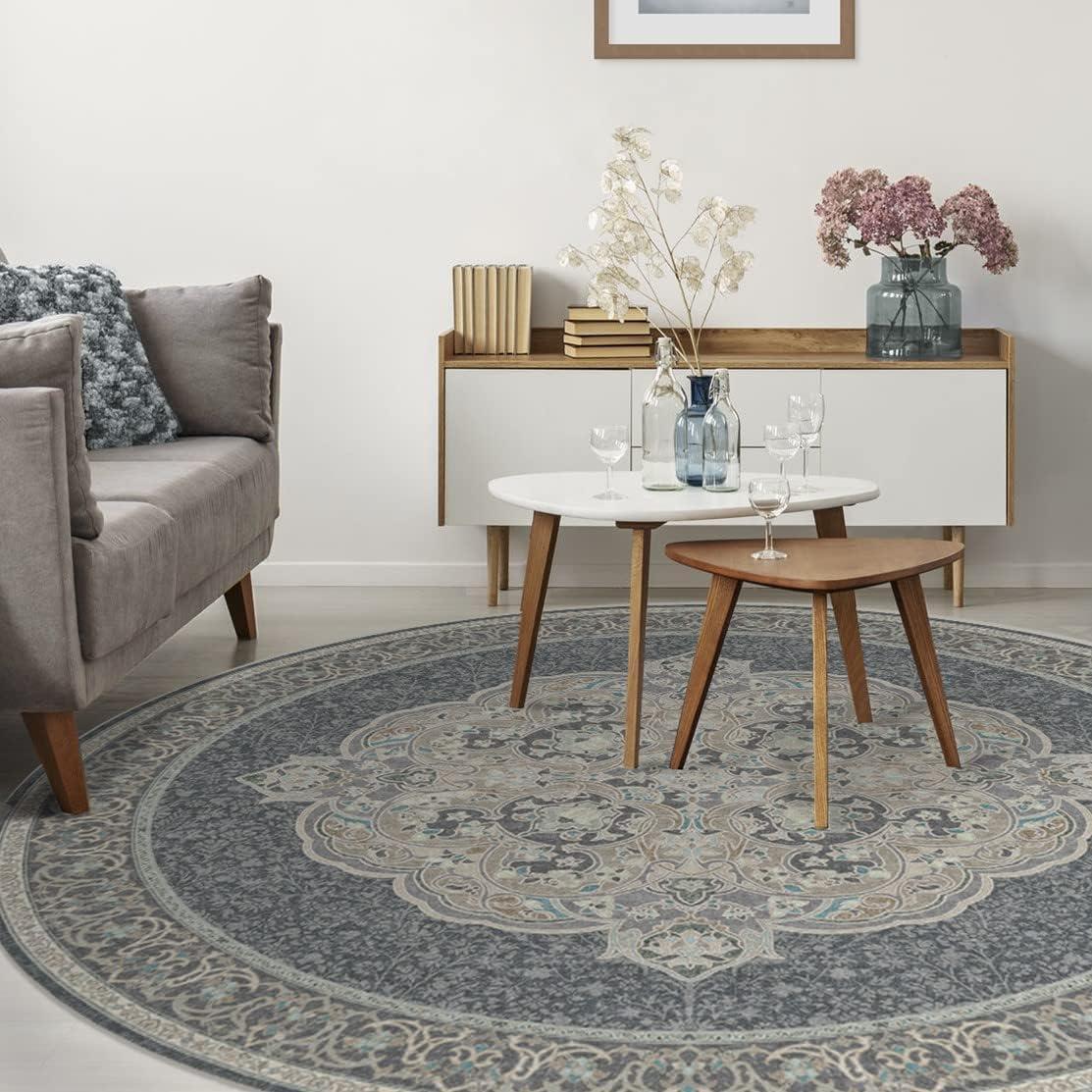 imageRUGGABLE x Disney Washable Area Rug Damask Charcoal 6 ft Round StainResistant NonSlip Medium Machine Washable Rugs for Living Room Bedroom Hallway Entryway ampamp Officewith Standard PadMickey Abalone Cushioned Pad