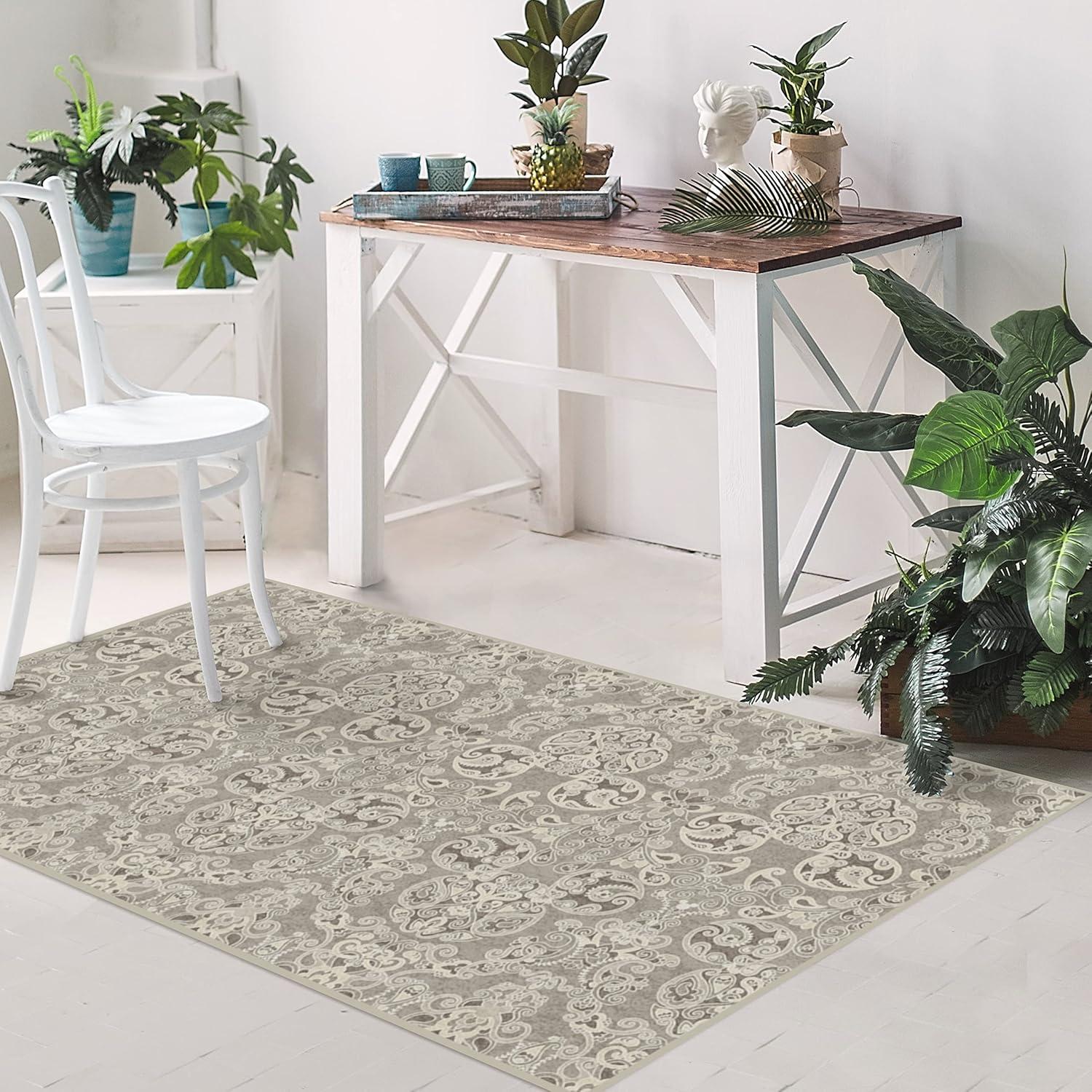 imageRUGGABLE x Disney Washable Area Rug Damask Charcoal 6 ft Round StainResistant NonSlip Medium Machine Washable Rugs for Living Room Bedroom Hallway Entryway ampamp Officewith Standard PadMickey Damask Stone Cushioned Pad