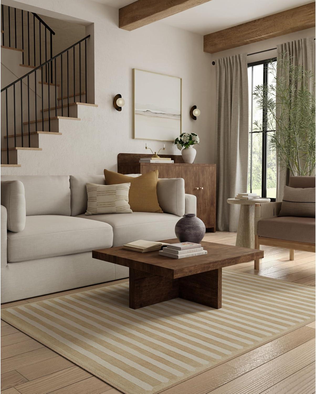 imageRUGGABLE x goop Machine Washable Area Rug Lucia Natural 10x14 StainResistant NonSlip Large Rugs for Living Room Bedroom Hallway Entryway ampamp Officewith Standard PadElin Stripe Latte Cream Standard Pad