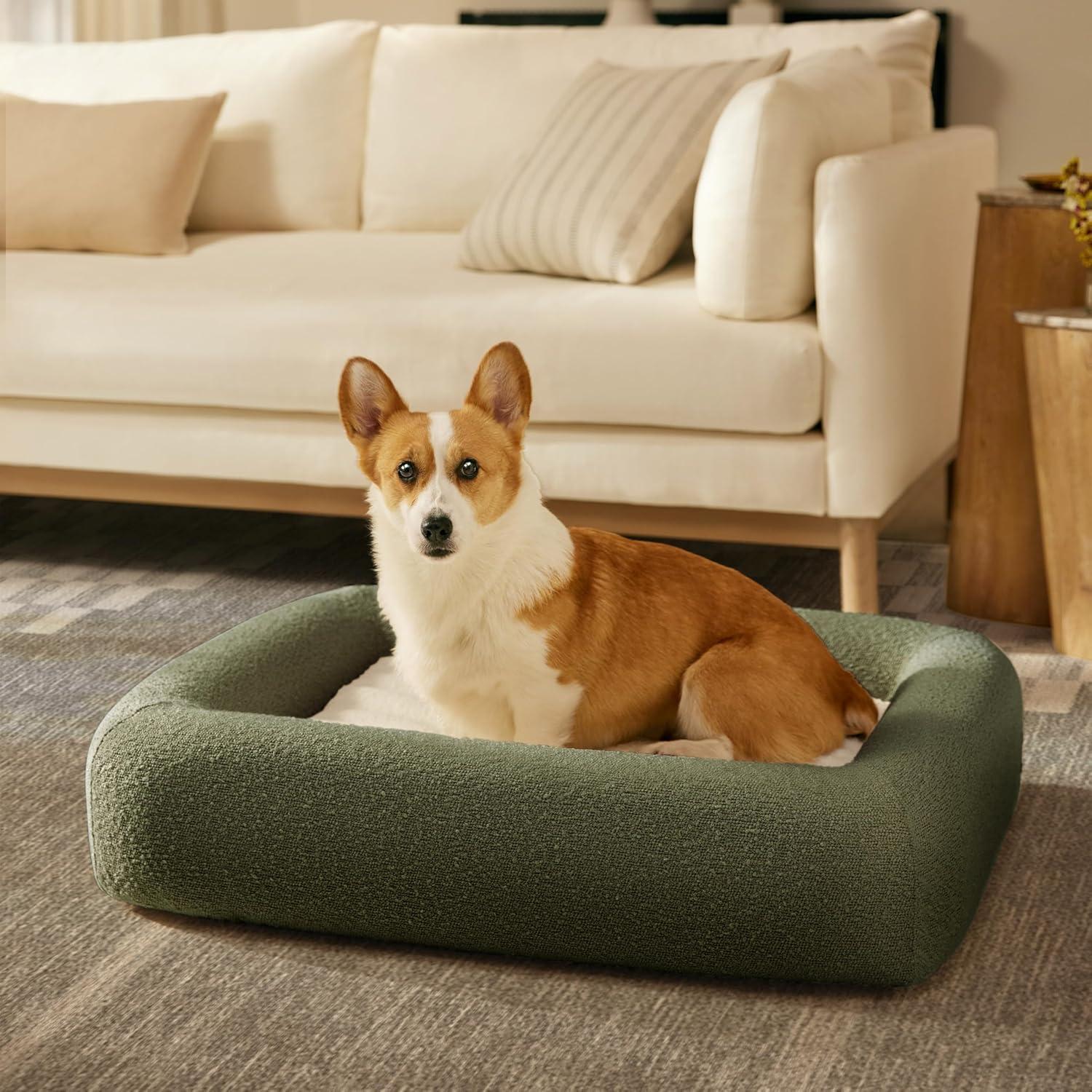 imageRuggable Small Dog Bed Indestructible Washable Waterproof Cover Calming Memory Foam Plush Crate for Dogs 28 inch up to 25lbs Non Slip Couch Premium Donut Bolster Sides Stone GreyOlive Green Boucle