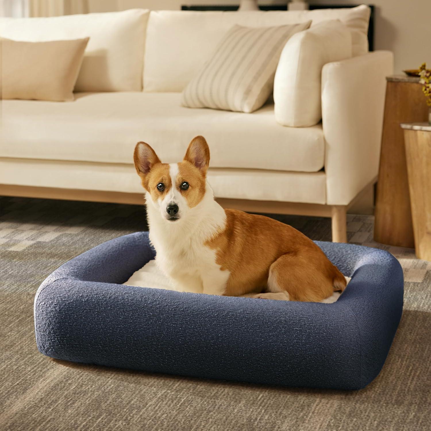 imageRuggable Small Dog Bed Indestructible Washable Waterproof Cover Calming Memory Foam Plush Crate for Dogs 28 inch up to 25lbs Non Slip Couch Premium Donut Bolster Sides Stone GreyNavy Boucle