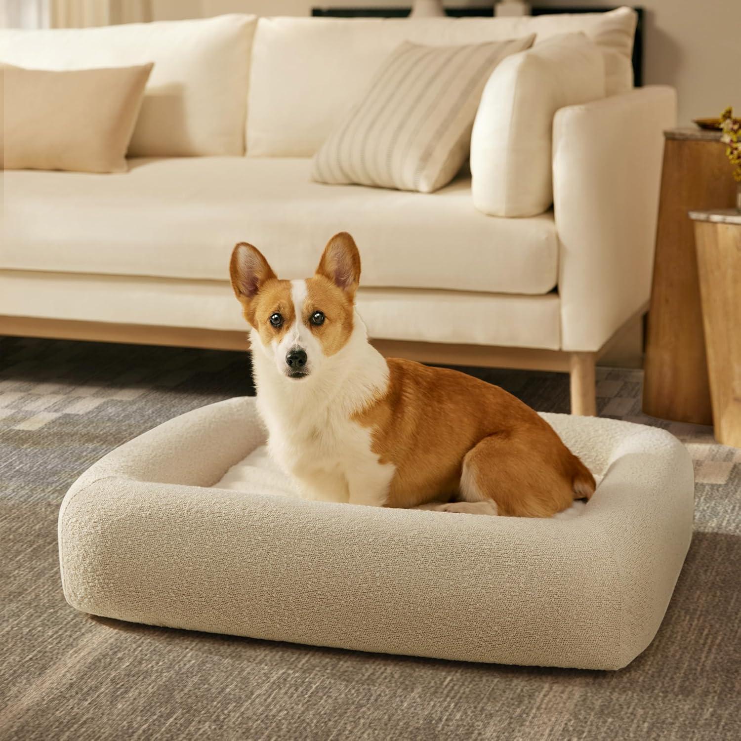 imageRuggable Small Dog Bed Indestructible Washable Waterproof Cover Calming Memory Foam Plush Crate for Dogs 28 inch up to 25lbs Non Slip Couch Premium Donut Bolster Sides Stone GreyCream Boucle