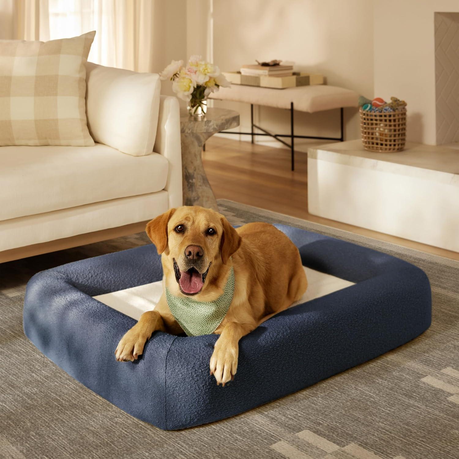 imageRuggable Small Dog Bed Indestructible Washable Waterproof Cover Calming Memory Foam Plush Crate for Dogs 28 inch up to 25lbs Non Slip Couch Premium Donut Bolster Sides Stone GreyNavy Boucle