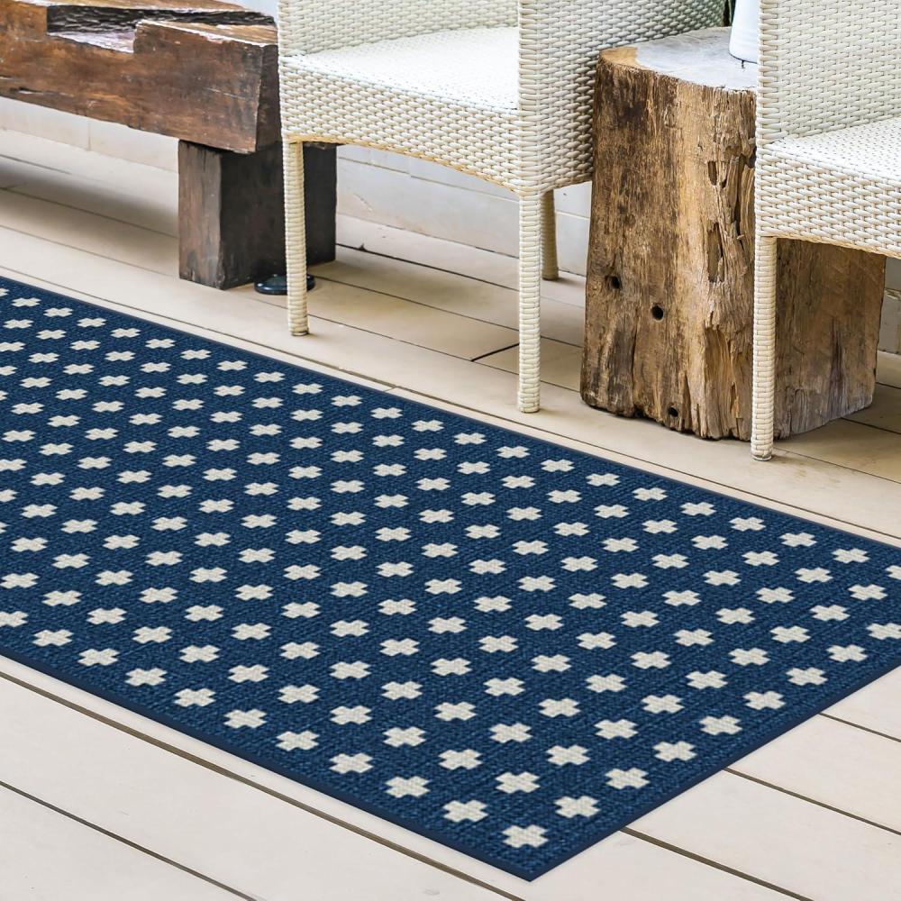 imageRUGGABLE Washable Area Rug  Outdoor Gingham Plaid Black ampamp White 3x5 StainResistant NonSlip  Small Machine Washable Rugs for Entryway Patio Balcony Deck ampamp Porchwith Standard PadAdde Navy  Standard Pad