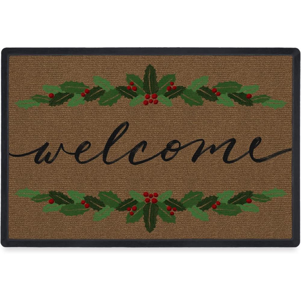 imageRUGGABLE Washable Front Doormat  Hohoho Red and Green 2x3 IndoorOutdoor Doormat  FadeResistant Durable NonSlip  Welcome Mat for Entryway Hallway Bathroom ampamp Decor  with Standard PadWelcome Holly  Standard Pad