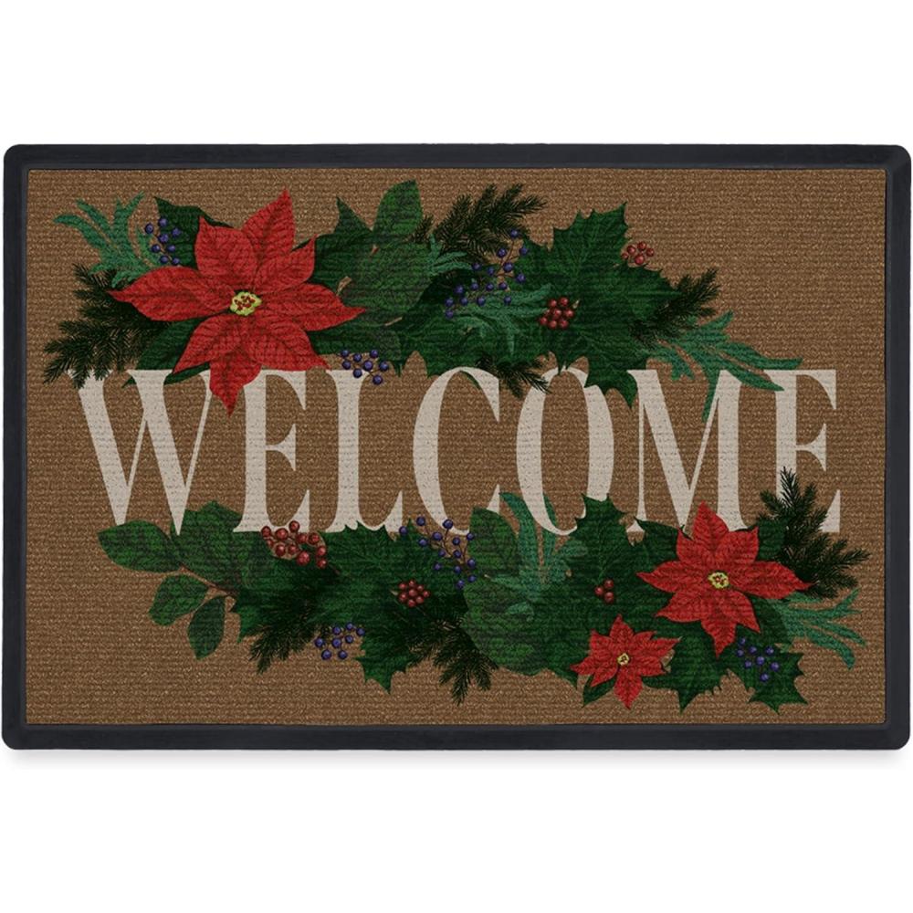 imageRUGGABLE Washable Front Doormat  Hohoho Red and Green 2x3 IndoorOutdoor Doormat  FadeResistant Durable NonSlip  Welcome Mat for Entryway Hallway Bathroom ampamp Decor  with Standard PadPoinsettia Greeting  Standard Pad