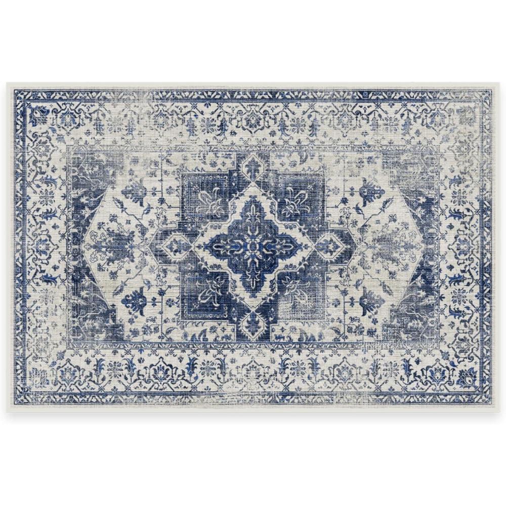imageRUGGABLE Washable Vintage Area Rug Kira Stone Blue 8 ft Round StainResistant NonSlip Large Machine Washable Rugs for Living Room Bedroom Hallway Entryway ampamp Officewith Standard PadDelft Blue Standard Pad