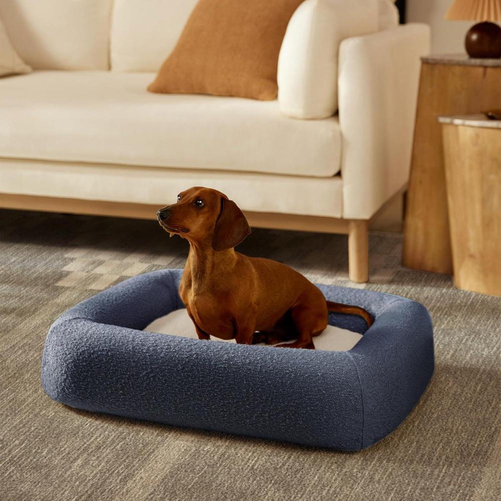 imageRuggable Small Dog Bed Indestructible Washable Waterproof Cover Calming Memory Foam Plush Crate for Dogs 28 inch up to 25lbs Non Slip Couch Premium Donut Bolster Sides Stone GreyNavy Boucle