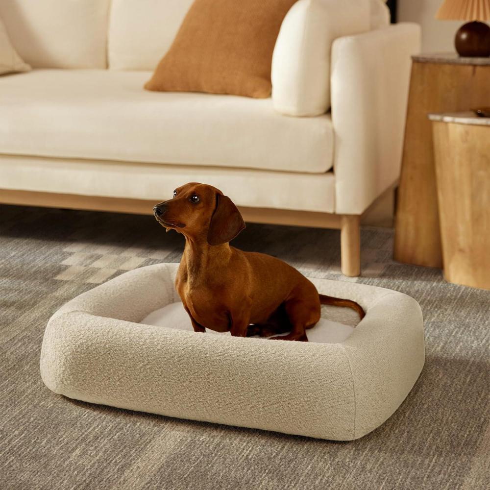 imageRuggable Small Dog Bed Indestructible Washable Waterproof Cover Calming Memory Foam Plush Crate for Dogs 28 inch up to 25lbs Non Slip Couch Premium Donut Bolster Sides Stone GreyCream Boucle