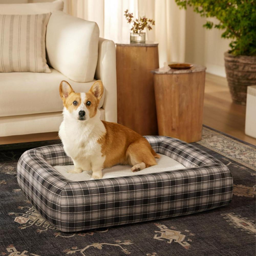 imageRuggable Small Dog Bed Indestructible Washable Waterproof Cover Calming Memory Foam Plush Crate for Dogs 28 inch up to 25lbs Non Slip Couch Premium Donut Bolster Sides Stone GreyBailey Plaid Charcoal Cream Woven