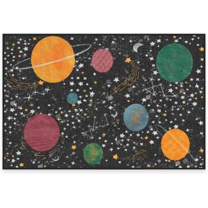 RUGGABLE Washable Area Rug – Dinosaurs in Space 6 ft Round, Stain-Resistant, Non-Slip – Medium Machine Washable Rugs for Living Room, Bedroom, Hallway, Entryway & Office–with Standard Pad(Outer Space Black – Cushioned Pad)