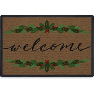 RUGGABLE Washable Front Doormat – Hohoho Red and Green 2×3 Indoor/Outdoor Doormat – Fade–Resistant, Durable, Non–Slip – Welcome Mat for Entryway, Hallway, Bathroom, & Decor – with Standard Pad(Welcome Holly – Standard Pad)