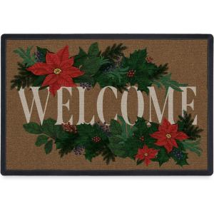 RUGGABLE Washable Front Doormat – Hohoho Red and Green 2×3 Indoor/Outdoor Doormat – Fade–Resistant, Durable, Non–Slip – Welcome Mat for Entryway, Hallway, Bathroom, & Decor – with Standard Pad(Poinsettia Greeting – Standard Pad)