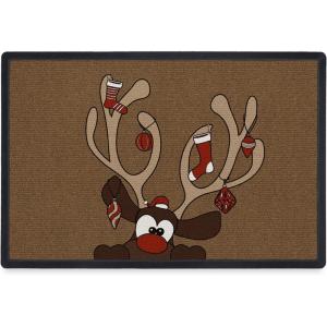 RUGGABLE Washable Front Doormat – Hohoho Red and Green 2×3 Indoor/Outdoor Doormat – Fade–Resistant, Durable, Non–Slip – Welcome Mat for Entryway, Hallway, Bathroom, & Decor – with Standard Pad(Holiday Reindeer – Standard Pad)