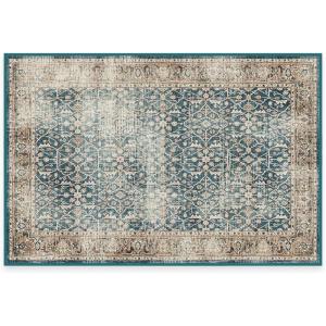 RUGGABLE Washable Vintage Area Rug – Celestine Coral 3×5, Stain-Resistant, Non-Slip – Small Machine Washable Rugs for Living Room, Bedroom, Hallway, Entryway & Office–with Standard Pad(Teal Blue – Cushioned Pad)