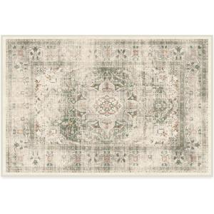 RUGGABLE Washable Vintage Area Rug – Kamran Hazel 3×5, Stain-Resistant, Non-Slip – Small Machine Washable Rugs for Living Room, Bedroom, Hallway, Entryway & Office–with Standard Pad(Sage – Sarrah – Cushioned Pad)