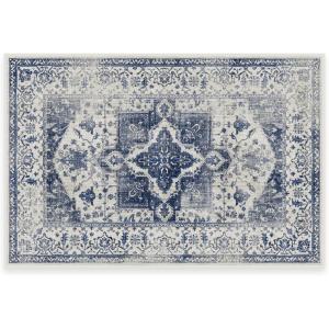RUGGABLE Washable Vintage Area Rug – Kira Stone Blue 8 ft Round, Stain-Resistant, Non-Slip – Large Machine Washable Rugs for Living Room, Bedroom, Hallway, Entryway & Office–with Standard Pad(Delft Blue – Standard Pad)