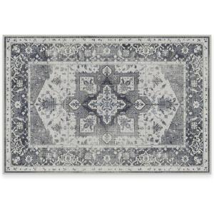 RUGGABLE Washable Vintage Area Rug – Kira Stone Blue 8 ft Round, Stain-Resistant, Non-Slip – Large Machine Washable Rugs for Living Room, Bedroom, Hallway, Entryway & Office–with Standard Pad(Stone Blue – Cushioned Pad)