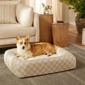 Ruggable Small Dog Bed Indestructible Washable Waterproof Cover Calming Memory Foam, Plush Crate for Dogs – 28 inch, up to 25lbs, Non Slip Couch, Premium Donut Bolster Sides Stone Grey(Charlee Checkered Neutral Woven)